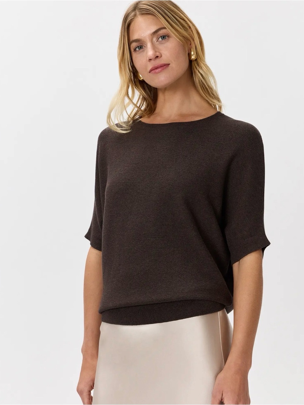 Quince Lightweight Cotton Cashmere Link-stitch Dolman Sweater Mocha Heather XL